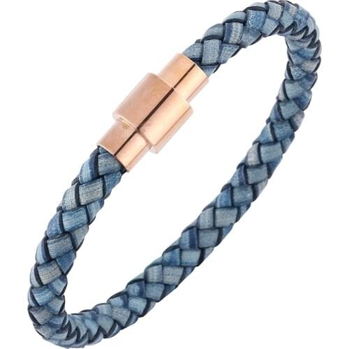 Trendy Jewelry for Women Men Bracelet Retro Blue Braided Leather Band Bracelet Rose Gold Color Magnetic Clasp Wristband SP0252L
