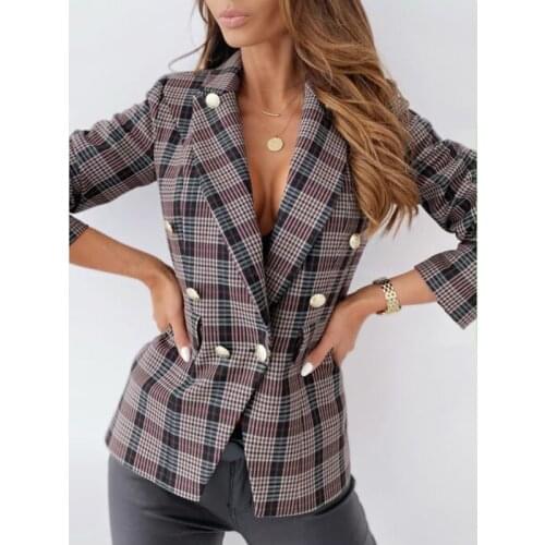 Fashion Autumn Women Plaid Suit Jackets Work Office Lady Long Sleeve Suits Slim Double Breasted Female Coat