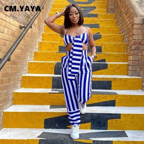 CM.YAYA Fashion Set Women Striped Sleeveless Strap Bandage Crop Tops High Waist Loose Straight Full Length Pants 2 Piece Sets