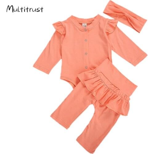Toddler Baby Girl Solid Clothes Ruffle Long Sleeve Button Tops Elastic Waist Pants Headband 3Pcs Outfit Sets