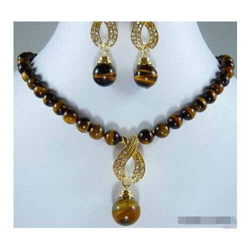 Wholesale price 16new ^^^^Genuine Tigereye Tigers Eye Opal 18KGP Crystal Pendant Necklace Earrings Set