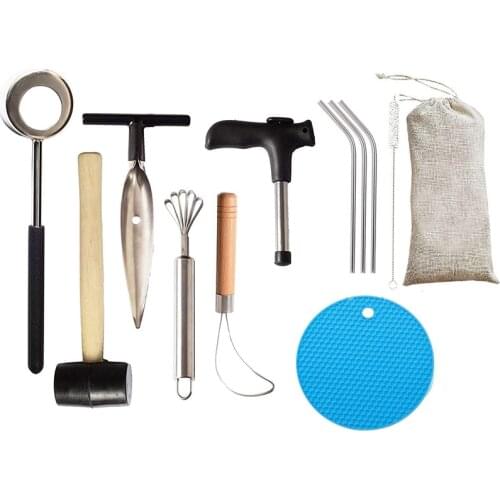 Coconut Opener Kit with Hammer Opening Utensil Premium Wooden Handle,Coconut Spoon,Drinking Straws,Opener Tool Set
