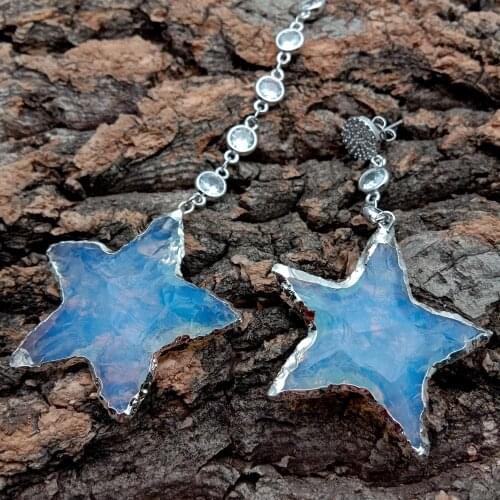 YYGEM cz pave Silver plated chain White Quartz Rough Star Shape With With Electroplated Edge Cz Pave Earrings