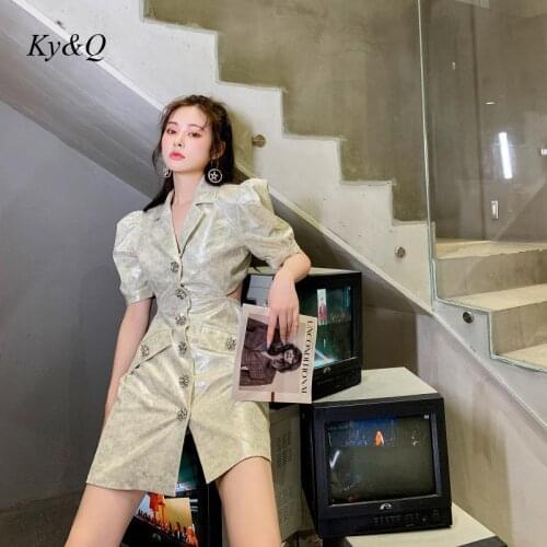 Luxury Brand 2021 New Design Shiny Temperament Hollow Out Waist Drill Button Decorative Suit Dress Womens Fashion Party Dresses