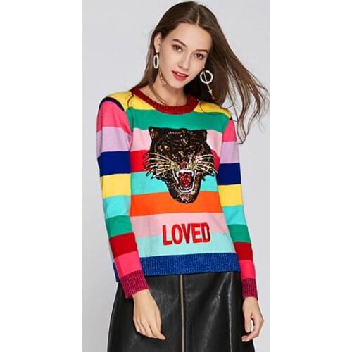 Christmas Women Knitting Sweater Jersey Woman Loved Sequins Embroidery Pullover Jumper 2020 Winter Tiger Rainbow Jersey Sweaters