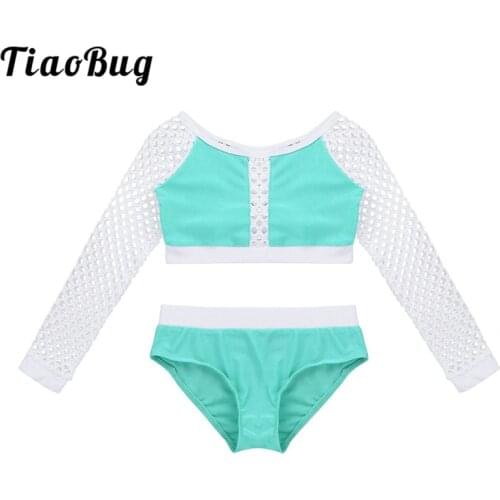 TiaoBug Girl Kid Dance Wear Long Fishnet Sleeve Crop Top with Shorts Set Child Gymnastics Ballet Dance Stage Performance Costume