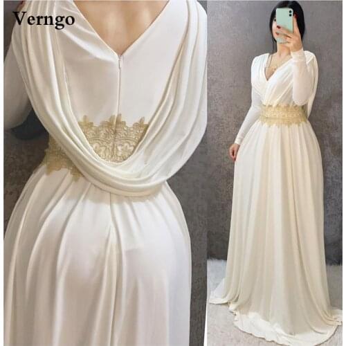 Verngo Ivory Chiffon Plus Size Evening Dresses Long Sleeves Lace Applique V Neck Vintage Arabic Women Formal Party Prom Gowns