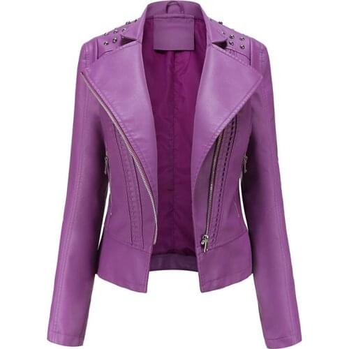 Long Sleeve Turn-down Collar Rivets Leather Coat Women 2021 Autumn/winter Faux Leather Pu Jackets Fashion Motorcycle Jacket