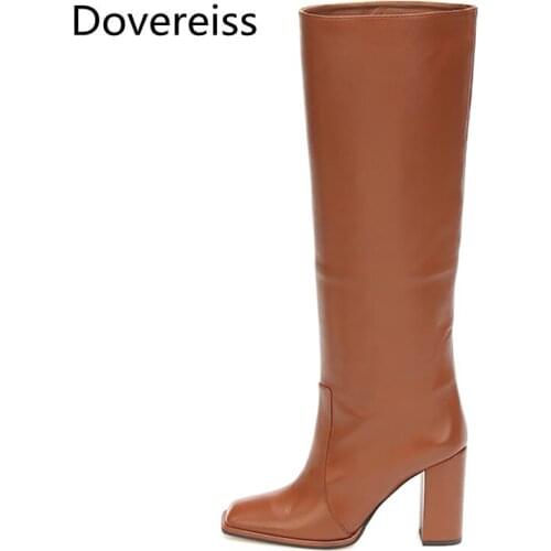 Dovereiss Fashion Womens Shoes Winter Sexy Elegant Concise brown Mature Square toe Knee high boots big size 43