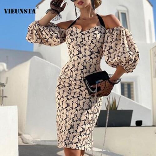 Women Sexy Off Shoulder Halter Party Dress Spring Lantern Half Sleeve Office Lady Dress New Autumn Printing Slim Bodycon Dresses