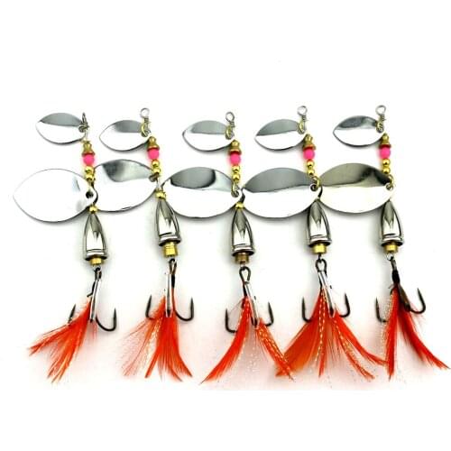 5pcs Spinner Fishing Lure Metal Spinnerbait Bass Bait 9.3cm 16.3g Orange Feather Hooks Double Sequins Spoon Lure Fishing Tackle