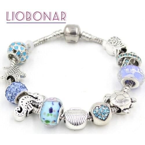 6PCS Sealife Ocean Style Starfish Seahorse Shell Turtle Snail European Lampwork Bead Bracelet for Women Jewelry Bijoux Pulsera