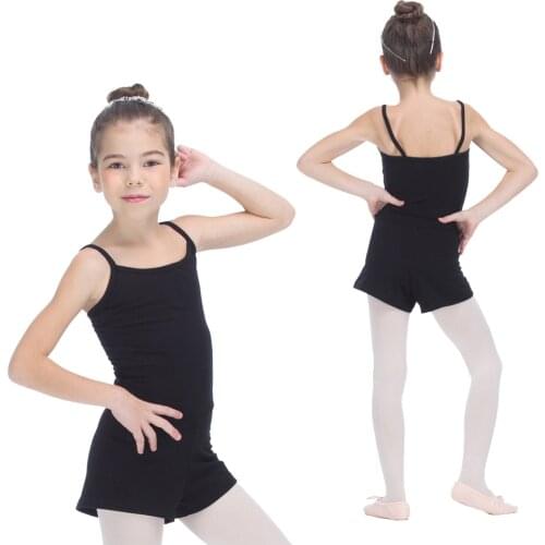 Girls Black Leotard with Shorts Gymnastics Cotton/Lycra Camisole Shorty Unitards Kids Training Bodysuit