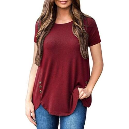 Hot Women T-shirt Short Sleeve Loose Solid Color Buttons Dating Pullover Female t shirt Summer tshirt Oversize