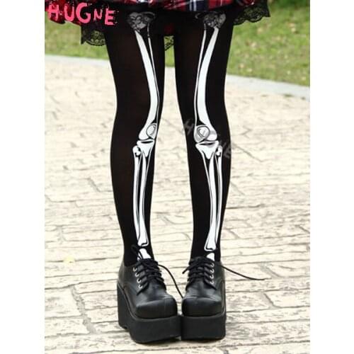 Gothic Black Nylon Lolita Tights White Skeleton Print pantyhose