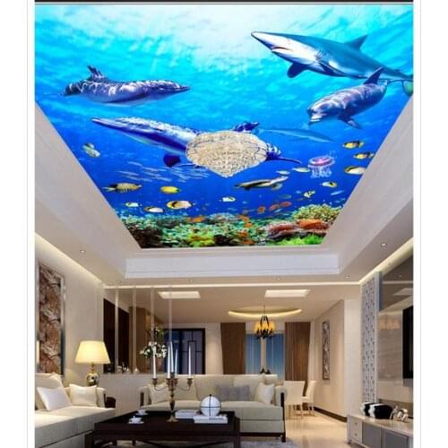 Customized 3d wallpaper 3d ceiling wallpaper submarine dolphin shark ceiling ceiling frescoes beauty wall room decoration