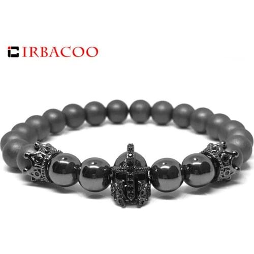 IRBACOO 2020 New Trendy Men Bracelet 8mm Matte Hematite With CZ Spartan Helmet & Crown Charm Beaded Bracelet For Men Jewelry