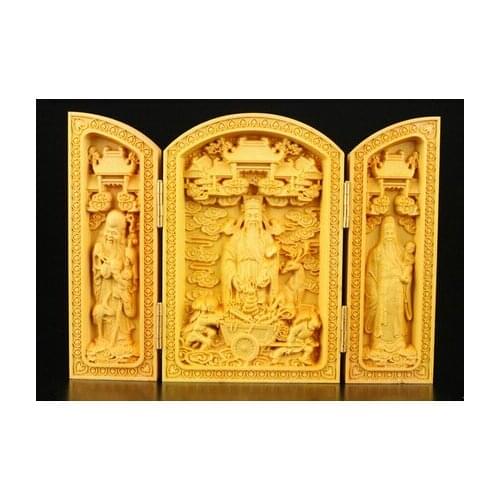 Art Collection Precious Boxwood Spiritual Fu Lu Shou Statue Box fast shipping crafts halloween Arts Decoration Brass