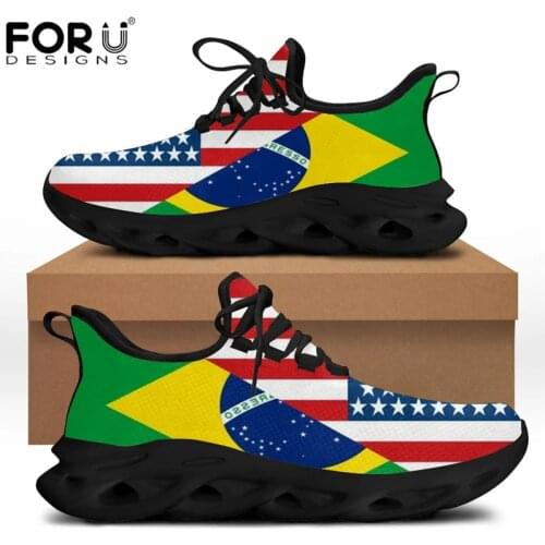 FORUDESIGNS Shoes for Women Casual Flats Light Sneakers Brazil USA American Flag Navy Pattern Lace Up Comfortable Shoes