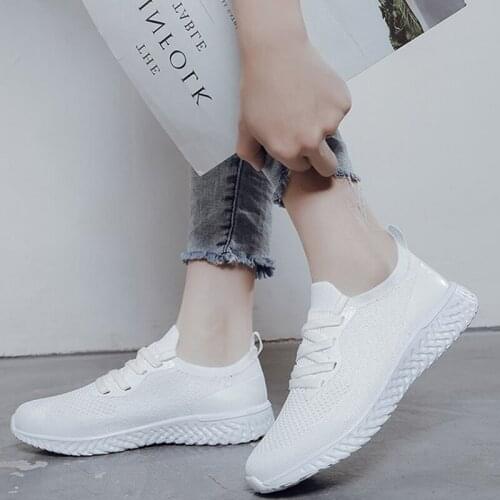 Rimocy White Breathable Mesh Flat Sneakers for Women Knitted Lace Up Platform Vulcanized Shoes Woman Light Running Casual Shoes