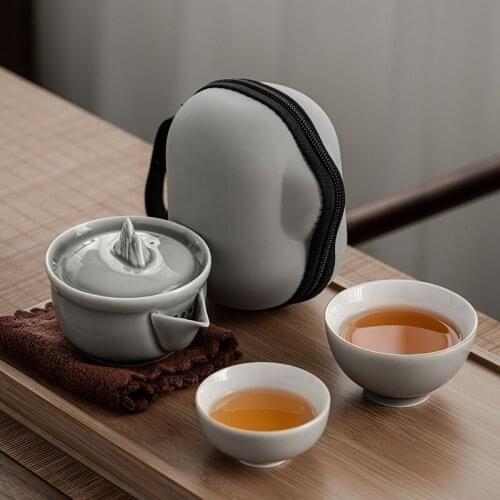 Ice Gray Glaze Iceberg Quick Cup Japanese Simple One Pot Two Cups Portable Travel Tea Set Porcelain Kung Fu Tea Set Chinese