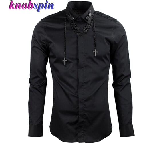 100% pure Cotton Shirt men 2019 Brand Business male Dress shirts long sleeve Slim Casual Camisa masculina Metal chain Decoration