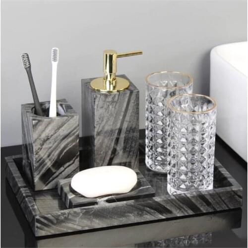 Tuqiu Bathroom Accessories Set Marble Soap Dispenser Tooth Brush Holder Cotton Swab Box Luxury Bathroom Hardware Set