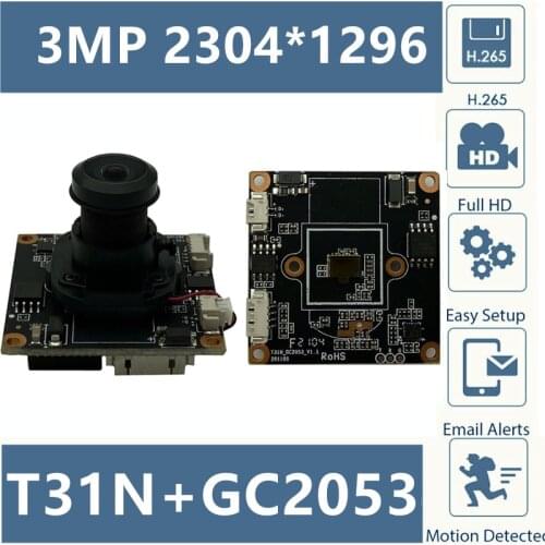 3MP T31N+GC2053 IP Camera Module Board M12 Lens IRC 2304*1296 20fps Onvif Motion Detection 38*38mm Audio with Radiator