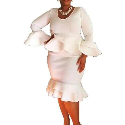 Plus Size White Long Flare Sleeves Dresses O Neck Peplum Flounce Ruffles Bodycon Indie Sexy Party Event Elegant Autumn Fashion