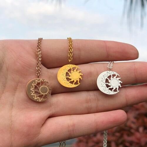 Vintage Moon And Sun Charm Necklace For Women Jewelry Stainless Steel Astrology Tattoo Chain Necklace Collier Bijoux Femme BFF