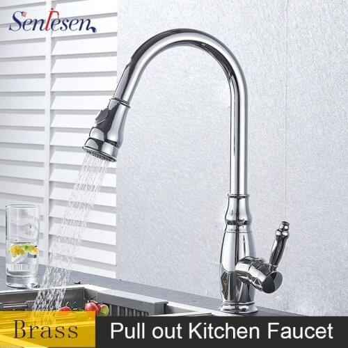 Senlesen Kitchen Faucet Pull Out Chrome Brass Deck Mounted 360 degree Rotate Hot and Cold Water
