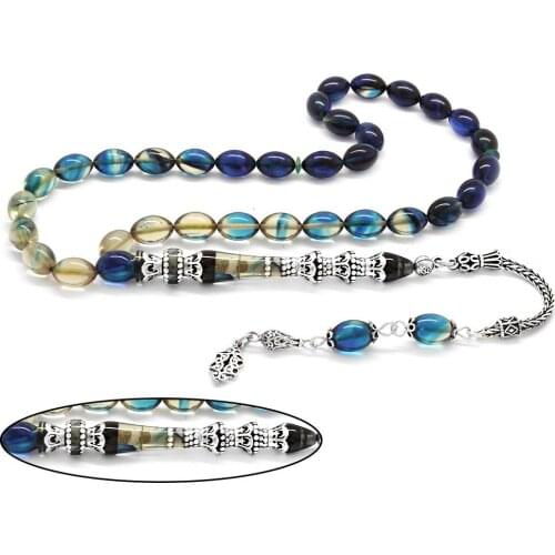 Tesbihane 925 Sterling Silver Tassels Silver Minaret Nakkaş İmameli Cottage Blue-White Fire Amber Prayer Beads