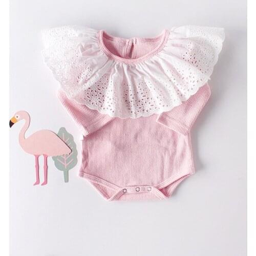 Spring Autumn White Lace Peter Pan Collar Baby Bodysuit Pink Beige White Baby Girl Princess Long Sleeve Jumpsuit Solid Onesie