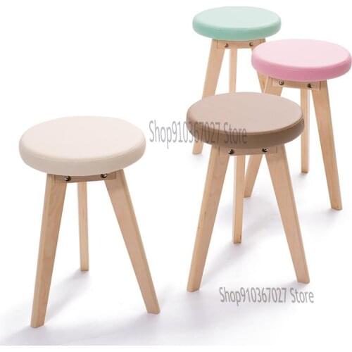 Solid Wood Dining Stool Lounge Chair Home Creative Leather Stool Korean Dressing Makeup Stool Small Round Stool