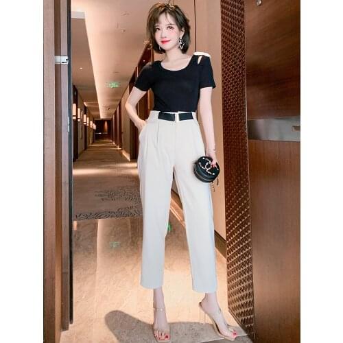 Top Quality High waist belt with cloth buttons straight casual pants for women