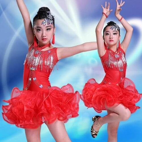 Girls Latin dance skirt new summer childrens costumes show handmade beaded Latin dance costume stage performance clothing