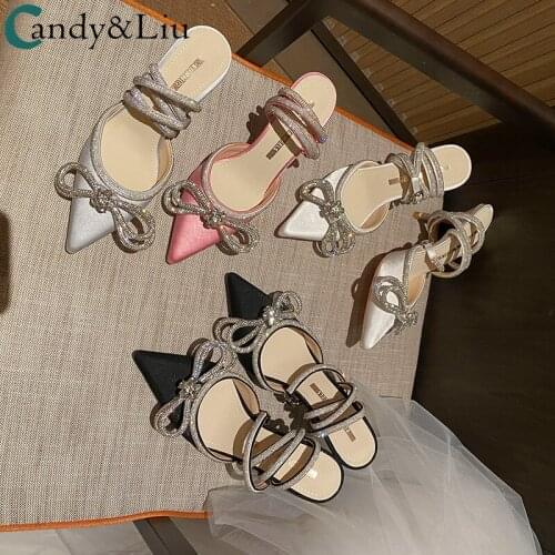Lady Sandals High Heels Womens Summer 2021 New One-Word Button Crystal Stone Pearl Bow Temperament Pointed Shoes