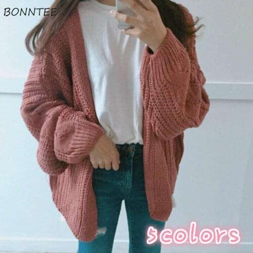 Cardigan Women Autumn Plus Velvet Sweater Lantern Sleeve Korean Style Harajuku Solid Simple All-match Womens Knitted Fashionable