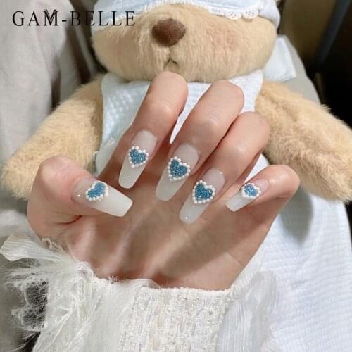 GAM-BELLE Long Ballerina Cute White Fake Nails with 3D Blue Heart Designs Artificial Press On Nail Tips DIY Manicure Accessories
