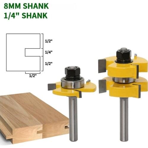 2PC/Set 8MM 1/4" 6.35MM Shank Milling Cutter Wood Carving Tongue Groove Joint Router Bit T Slot Assemble Milling Cutter for Wood