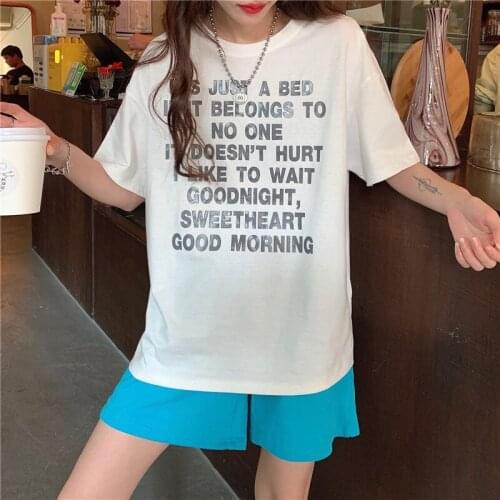 Round neck letter reflective printing T-shirt womens short-sleeved summer new style college style loose clothing T-shirt