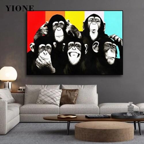Five Funny Chimpanzee Colorful Oil Painting Custom Modern Animals Canvas Picture for Living Wall Art Poster Prints Home Decor