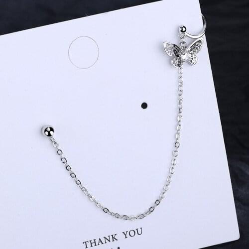KISSLOVE 1 Pieces Crystal butterfly Ear Cuff Clip Chain Clip On Earrings for women Fashion Jewelry New Black Earcuff Korea