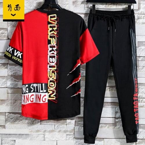 Mens Fashion Tracksuit Sets Hip hop Clothes Streetwear Summer Outfit Male Short Sleeve T-shirt + Pant Two Pieces Sportswear set