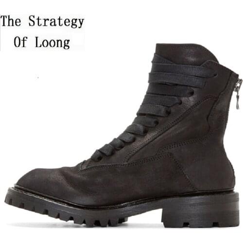 Spring Autumn Retro Men Genuine Leather Cross-tied Equestrian Boots Winter Male Plush Sewing Leather Motorcycle Boots 20200117