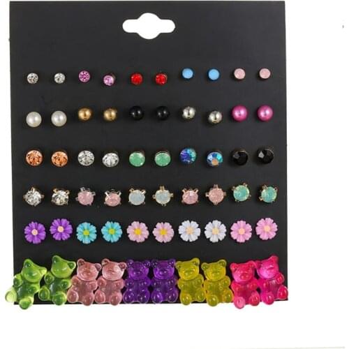 13MC 30 Pairs Colorful Cute Bear Flower Crystals Stud Earrings Set for Little Girls Kids White Pearl Ball CZ Studs Jewelry