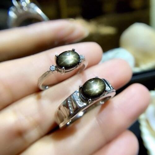 Wedding Rings for Couples Black Star Natural Sapphire Gem 6*8mm Engagement Rings Luxury Jewerly