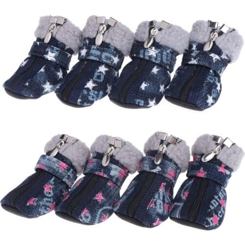 Pet Shoes Dogs Puppy Boots Denim Warm Snow Winter Lovely Anti Slip Zipper Casual