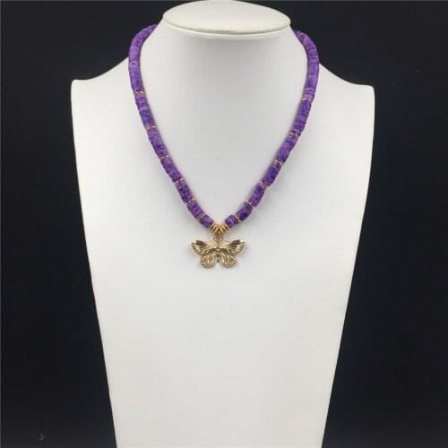 Bohomia Gold Color Butterfly Charm Purple Polymer clay Strand With Metallic Bead Necklace For Women Romantic Pretty Jewelry