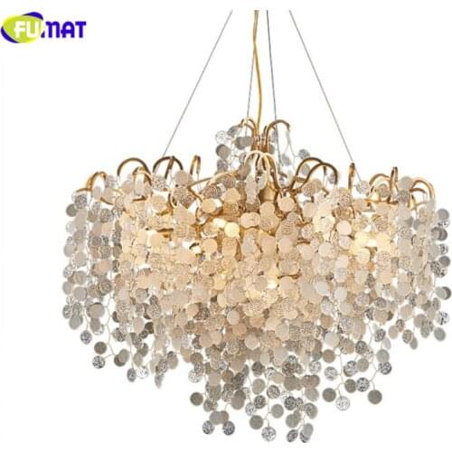 FUMAT Gold Alloy Frame Crystal K9 Coin Pendant Lamp Nordic Luxurious Decor LED Branch Hanging Light Fixture Creative Droplight